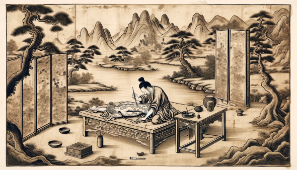 A drawing of a Chinese tattoist tattooing a prone man's back.